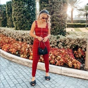 WEWOREWHAT Red Plaid Moto Overalls Jumpsuit Size Large